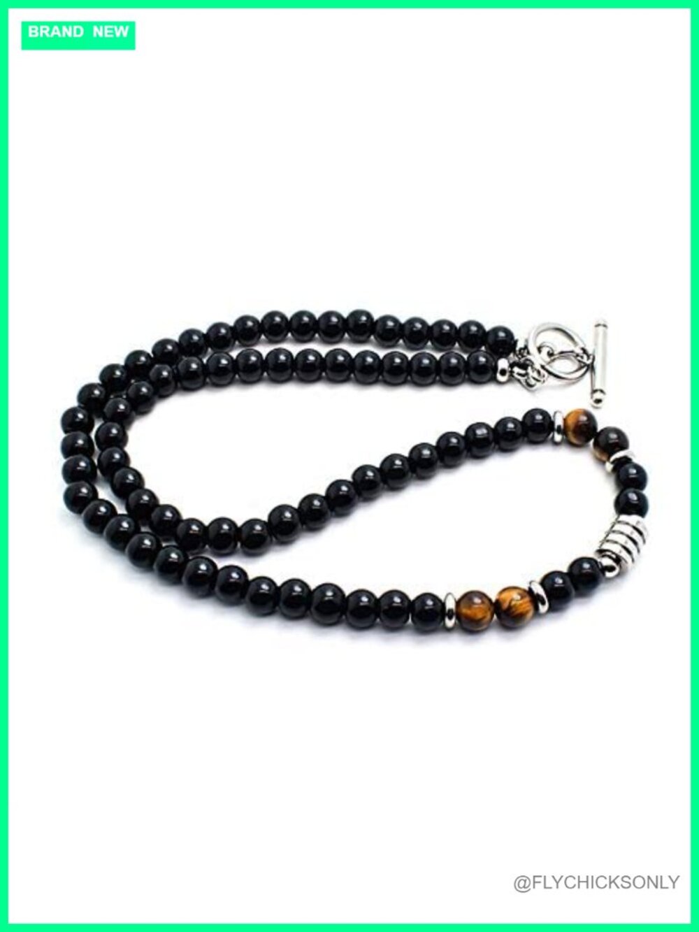 Handmade 6mm Black Onyx Tiger's Eye Beaded Necklace Toggle Clasp